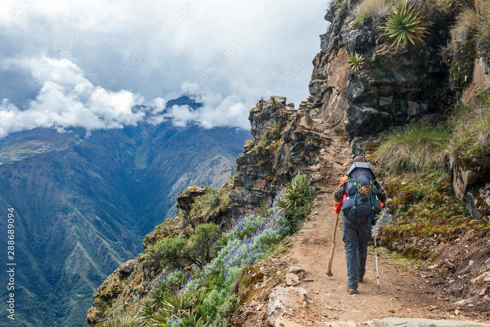 Young hiker man trekking with backpack in Peruvian Andes mountains, Peru, South America - obrazy, fototapety, plakaty 