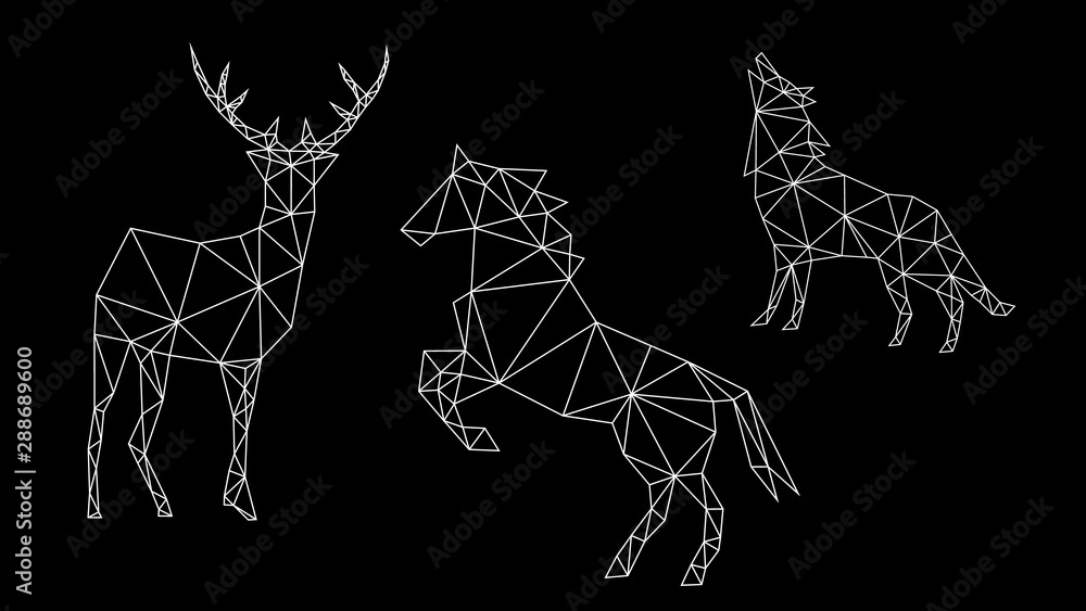 Fashion geometric out of white contour of a deer, horse and wolf on a dark background. Minimalism in the style of trigonometry.