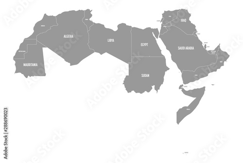 Arab World states political map with higlighted 22 arabic-speaking countries of the Arab League. Northern Africa and Middle East region. Vector illustration