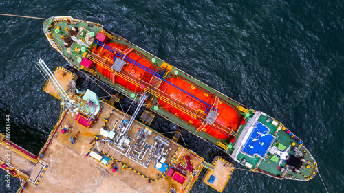 Ship tanker gas LPG, Aerial view Liquefied Petroleum Gas (LPG) tanker at port. © Kalyakan