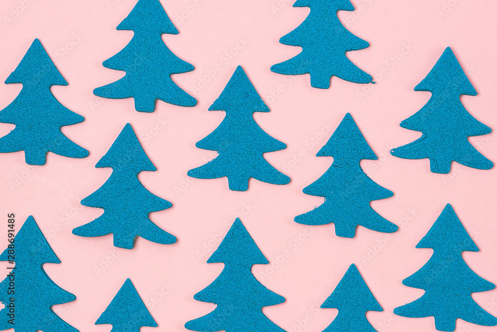 Blue Christmas Tree on Light Pink Background Top View Flat Lay Christmas Card or Background Minumal Concept Holiday Concept Blue Christmas Tree on Light Pink Background Top View Flat Lay Christmas Card or Background Minumal Concept Holiday Concept