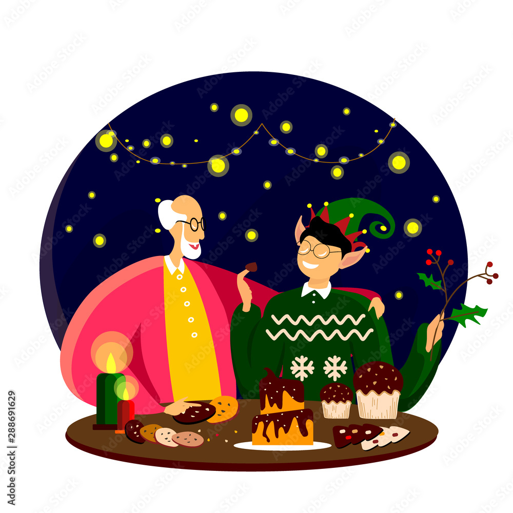 Naklejka premium Grandfather and grandson preparing Xmas bakery and their home to the Christmas Eve