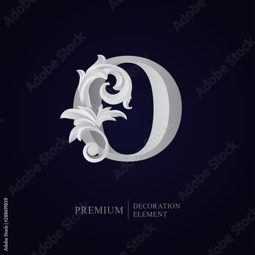 Elegant letter O with floral baroque ornament. Antique capital letter is surrounded with white decorations isolated on black background. Uppercase capital letter for monograms, logos, emblems, initial