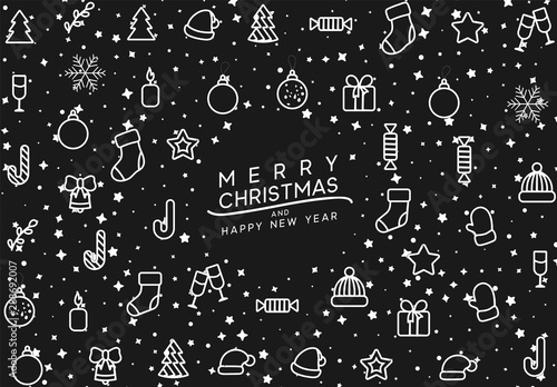 Christmas background with Xmas objects, linear style design elements. vector illustration