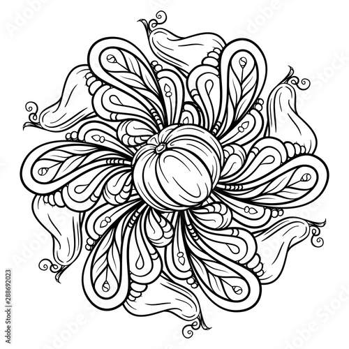 Black and white autumn ornament. Pumpkins and autumn floral motifs coloring page