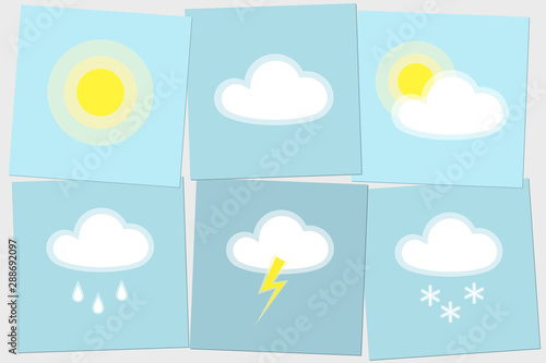 Weather day icon Sun cloud rain lightning snow simple isolated on blue background Icon symbol sunny cloudy rainy snowy weather Set Flat design element meteo weather icon Vector wallpaper applications