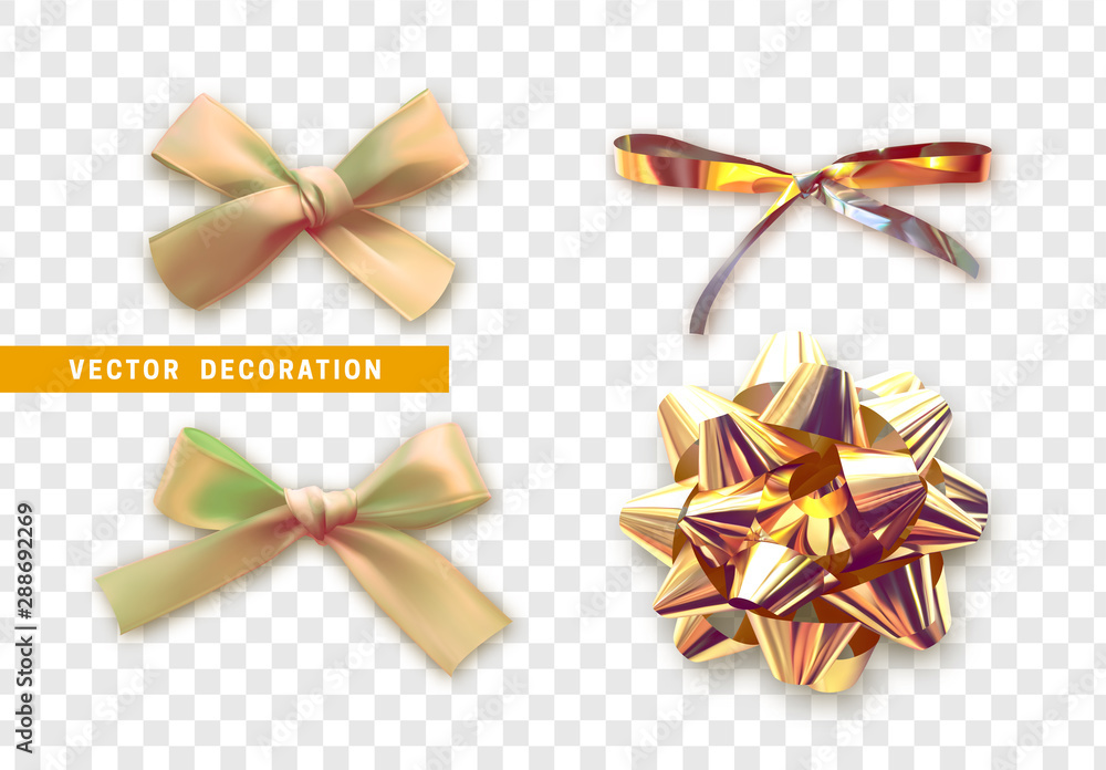 Set ribbon bows. Bow isolated realistic decorations of satin material and  fabric. Collection of decor objects on transparent background. Stock Vector  | Adobe Stock