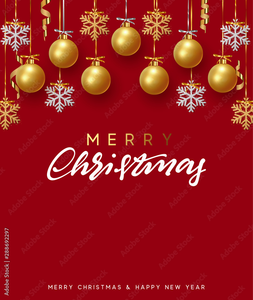 Background design of Xmas gold balls and bauble with golden glitter silver snowflake hanging on the ribbon. Festive decorative template. Merry Christmas and Happy New Year. vector illustration