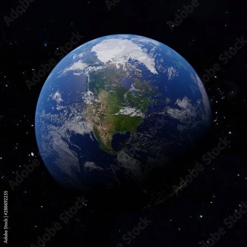 Planet Earth. USA and Canada in center with city lights in dark areas