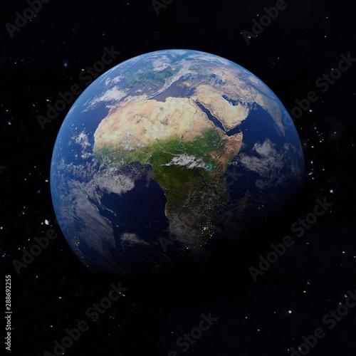 Planet Earth. Africa in center with city lights in dark areas