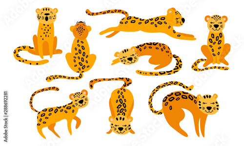 Cute cartoon leopards set. Funny animals isolated on white background. Flat vector illustration.