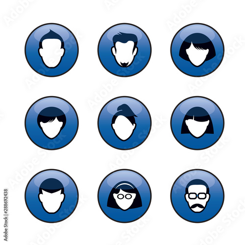 Set of blue buttons and icons for web. Human heads and silhuettes. Vector outline Illustration.