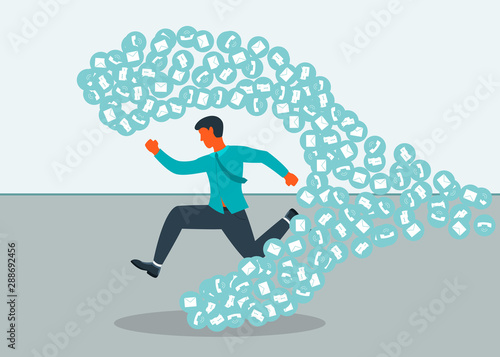 Office worker, businessman, running away from a large stream of emails and messages. Vector illustration.