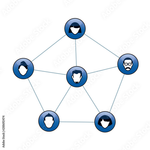 Set of blue buttons and icons for web. Human heads and silhuettes. Vector outline Illustration.