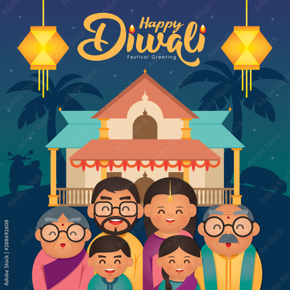 Diwali/Deepavali vector illustration with Happy indian family celebrate the  festival. Stock Vector | Adobe Stock