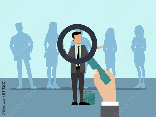 Employer choose candidates with magnifier. Group of people and choice of best employee. Business employees recruitment vector illustration.