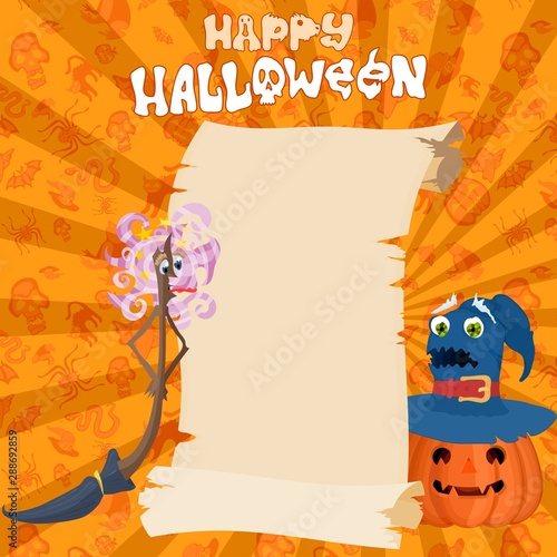 Halloween greetings scroll pumpkin and witches