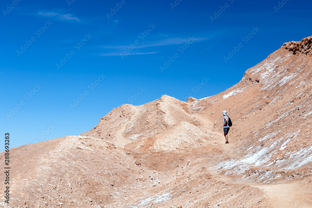 Young casual man with backpack on the path at moon like landscape of Valle de la Luna (Moon valley), Chile