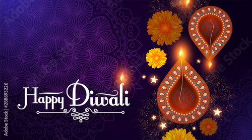 Diwali Festival design template. Holiday poster with burning diya lamps and flowers.