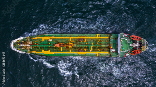 Tanker ship logistic and transportation business oil and gas industry in open sea  Aerial view.