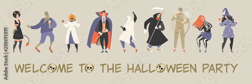 Halloween vector banner with funny cartoon people dressed in costumes of monsters and fairy-tale characters