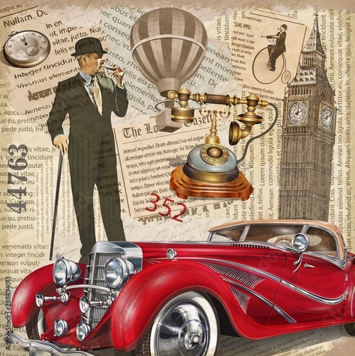 Vintage poster London torn newspaper background.