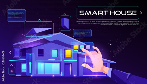 Smart house web banner. Home building with artificial intelligence technology, Internet of things application services touch screen on neon glowing background Cartoon vector illustration, landing page