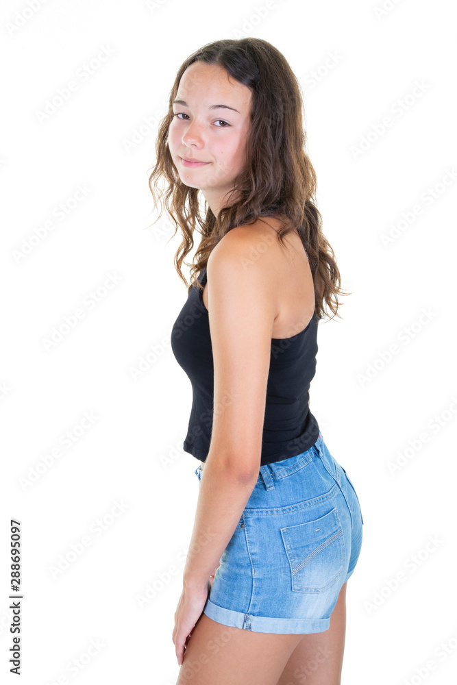 happy smiling young woman on summer short jeans in white background happy smiling young woman on summer short jeans in white background