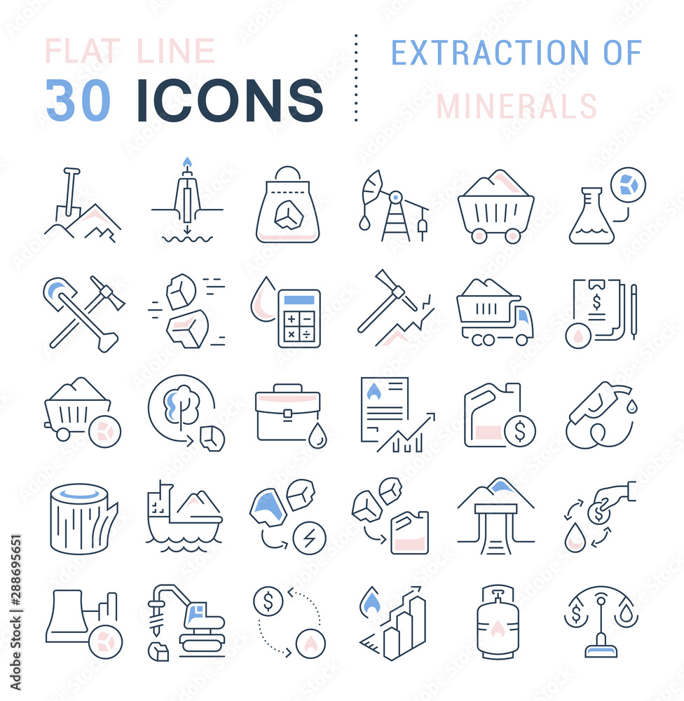 Set Vector Line Icons of Extraction of Minerals Set Vector Line Icons of Extraction of Minerals