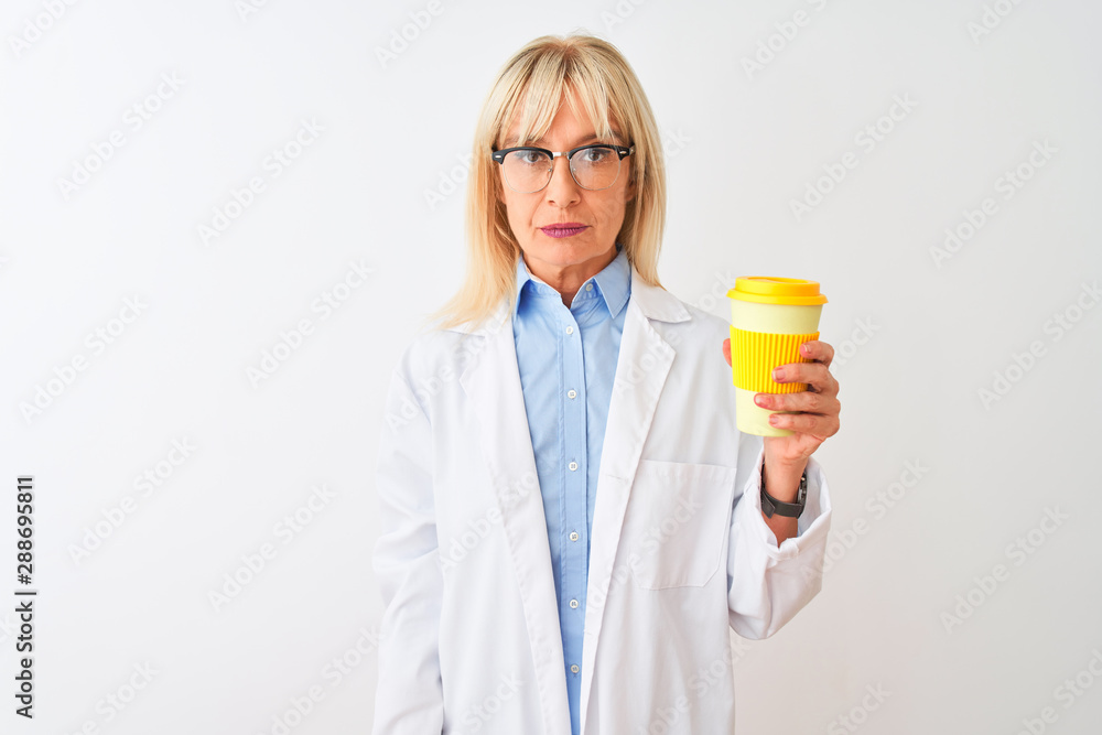Middle age scientist woman wearing glasses drinking coffee over isolated white background with a confident expression on smart face thinking serious Middle age scientist woman wearing glasses drinking coffee over isolated white background with a confident expression on smart face thinking serious