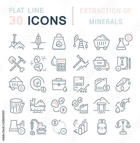Set Vector Line Icons of Extraction of Minerals