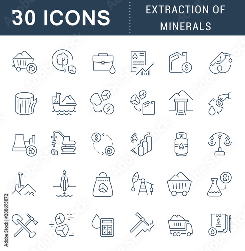 Set Vector Line Icons of Extraction of Minerals