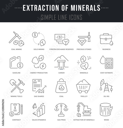 Set Vector Line Icons of Extraction of Minerals