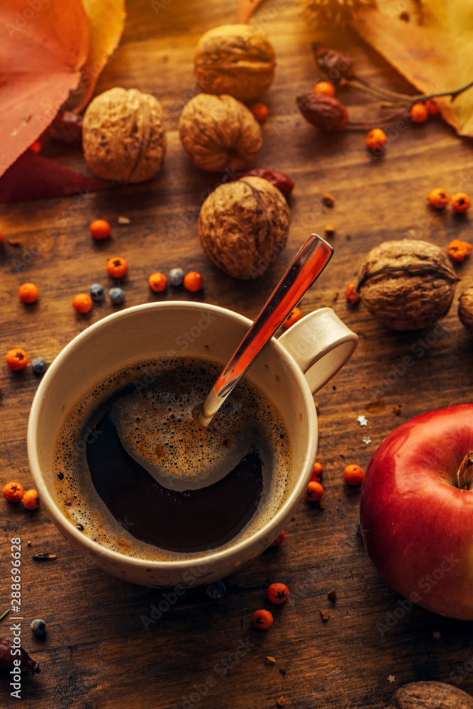 Autumn morning coffee is on the table Autumn morning coffee is on the table