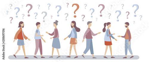 Group of people talking. People around question marks. Question answer metaphor. Modern flat cartoon style. Vector illustration