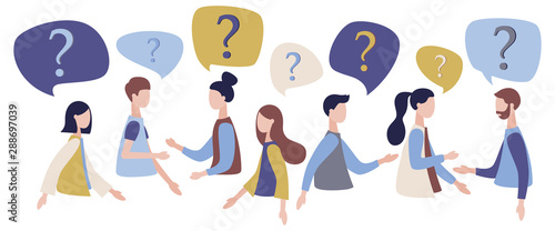 Group of people talking. People around question marks. Question answer metaphor. Modern flat cartoon style. Vector illustration