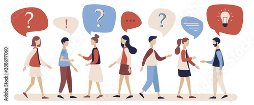 People around exclamation and question marks. People communication in search of ideas, problem solving. Question answer metaphor. Modern flat cartoon style. Vector illustration