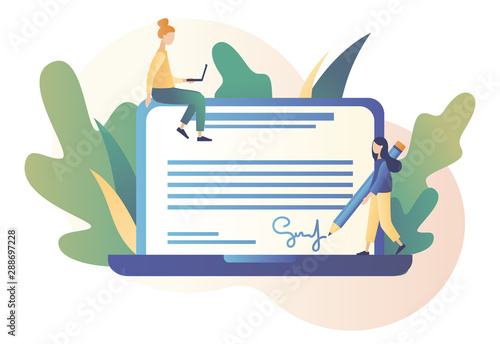 Electronic contract or digital signature concept. Modern flat cartoon style. Vector illustration