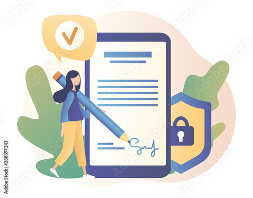 Electronic contract or digital signature concept. Modern flat cartoon style. Vector illustration