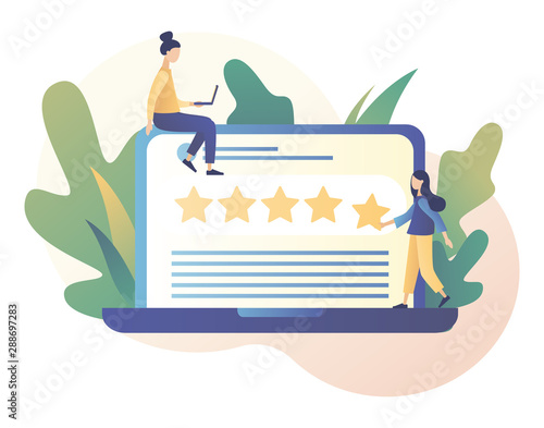 Star rating concept. Customer reviews. People leave feedback and comments. Modern flat cartoon style. Vector illustration