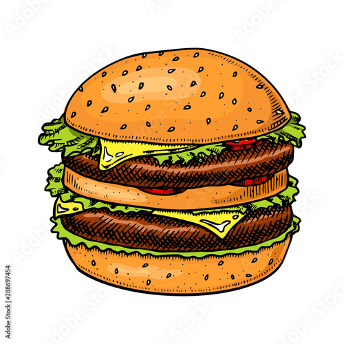 Big burger in vintage style. Fast food illustration for banners or posters. Hand drawn sandwich with vegetables and a bun.