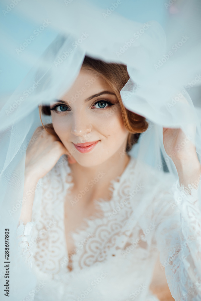 Gorgeous, elegant, fashion sexy bride wear white wearing robe. Stylish happy bride posing under veil and smiling. Makeup and hairstyle in bride. Amazing bride in the morning preparation. Gorgeous, elegant, fashion sexy bride wear white wearing robe. Stylish happy bride posing under veil and smiling. Makeup and hairstyle in bride. Amazing bride in the morning preparation.