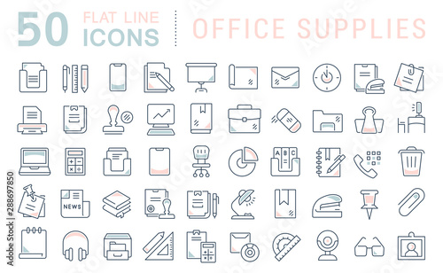 Set Vector Line Icons of Office Supplies