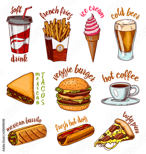 Junk Fast food, burger and hamburger, tacos and hot dog, burrito and beer, drink and ice cream. Vintage Sketch for logo and labels. Hand drawn stickers in retro style.