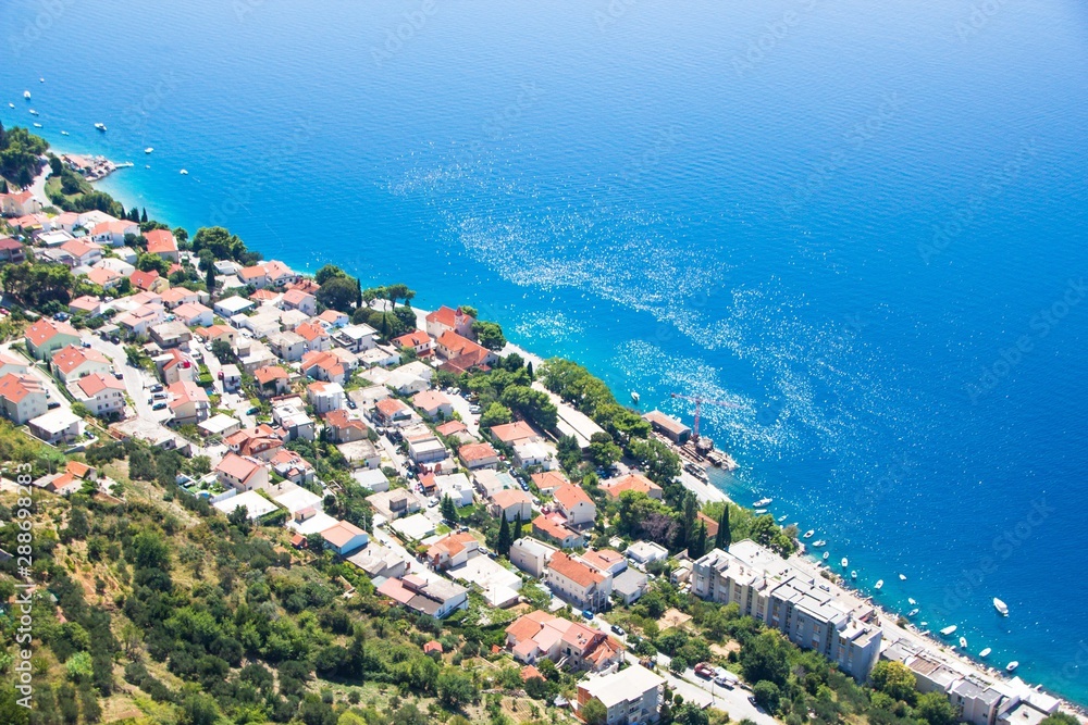 Town Omis, Makarska Riviera, Croatia. Aerial landscape of the small town Omis.