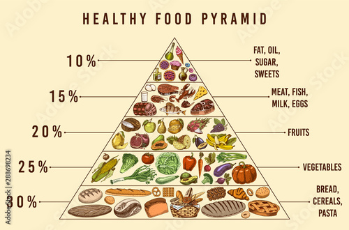 Healthy food plan pyramid. Infographics for Balanced Diet percentage. Lifestyle concept. Ingredients for meal plan. Nutrition guide. Hand drawn in vintage style.