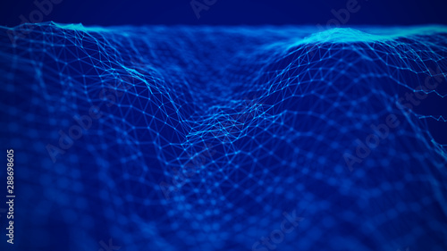 Wave 3d. Wave of particles. Abstract Blue Geometric Background. Big data visualization. Data technology abstract futuristic illustration. 3d rendering.