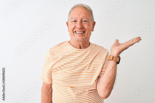 Senior grey-haired man wearing striped t-shirt standing over isolated white background smiling cheerful presenting and pointing with palm of hand looking at the camera.
