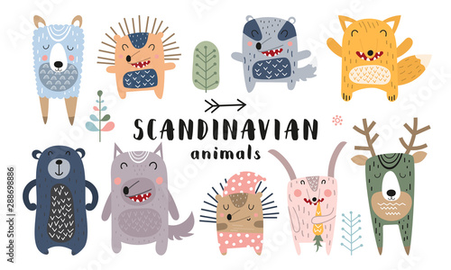 Cute scandinavian animals set. Hand drawn. Doodle cartoon animals for nursery posters, cards, kids t-shirts. Vector illustration. Bear, hedgehog, llama, fox, hare, wolf, deer, badger.