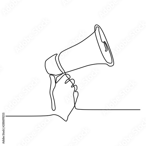 One line drawing of horn speaker hold by hand sign and symbol for announcement and employee hiring